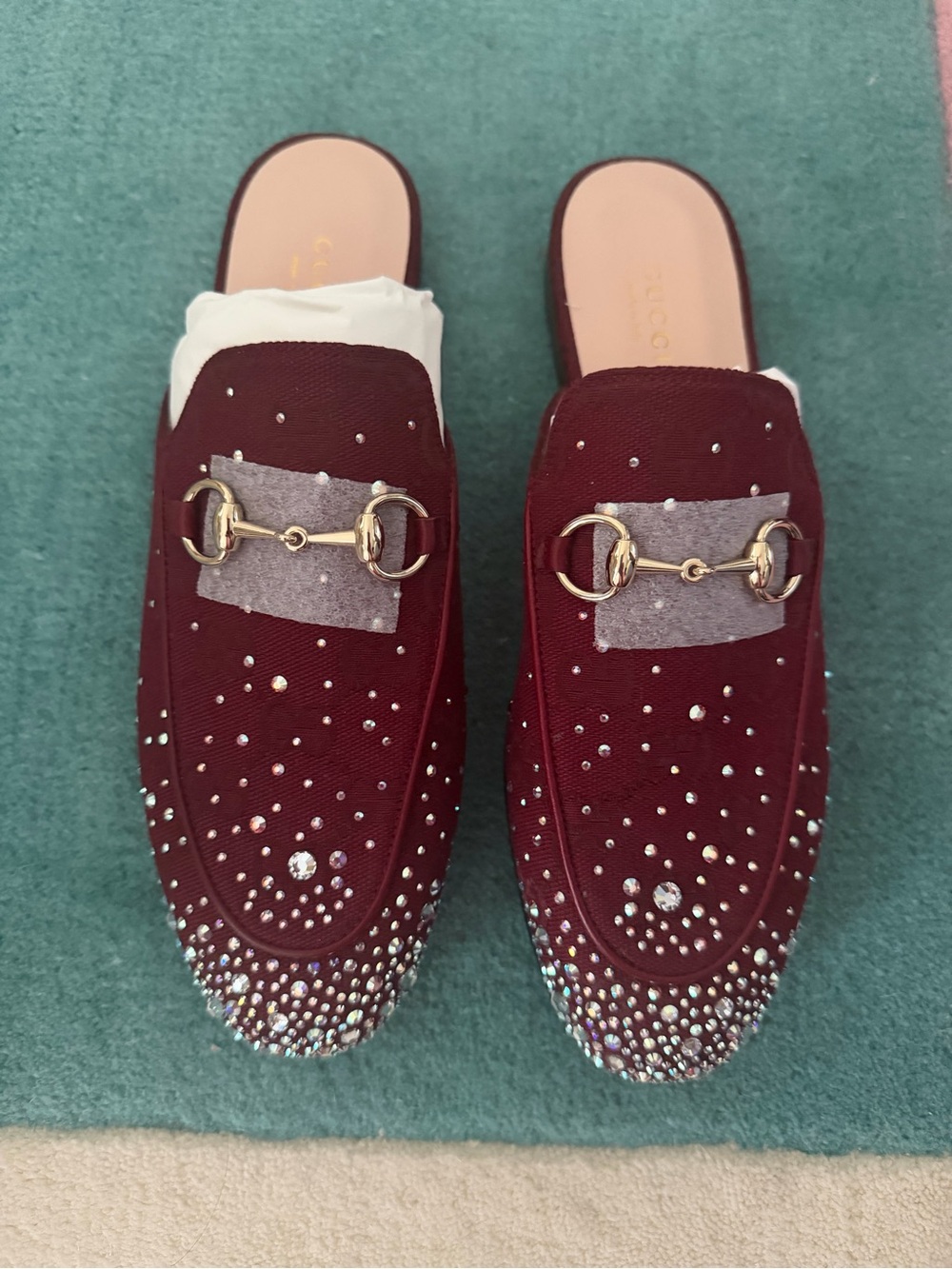 Gucci Burgundy Crystal Princetown Mules - Picture 3 of 6